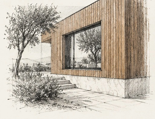 Imagen conceptual de una fachada revestida con listones de madera