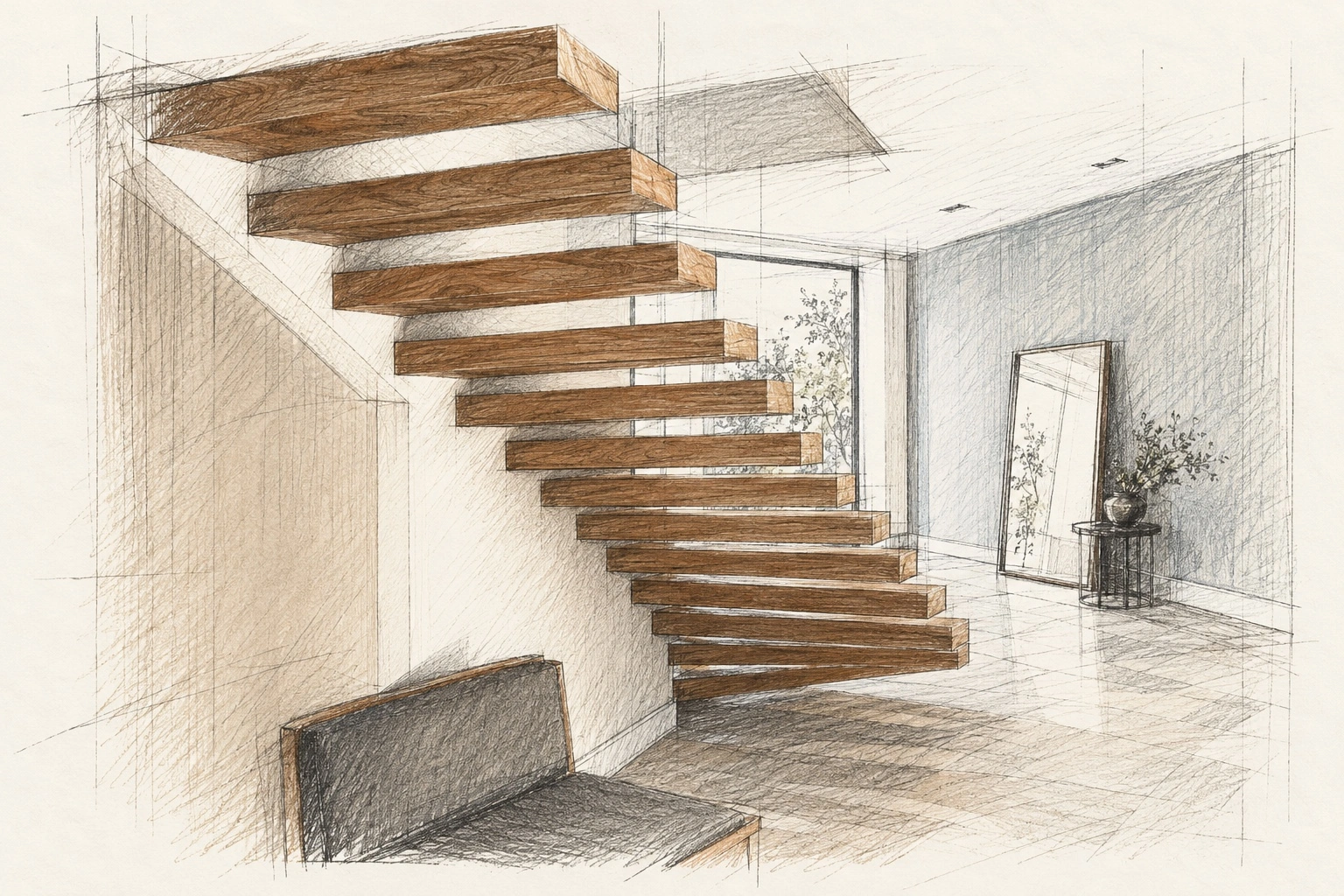 Escalera de peldaños de madera en voladizo